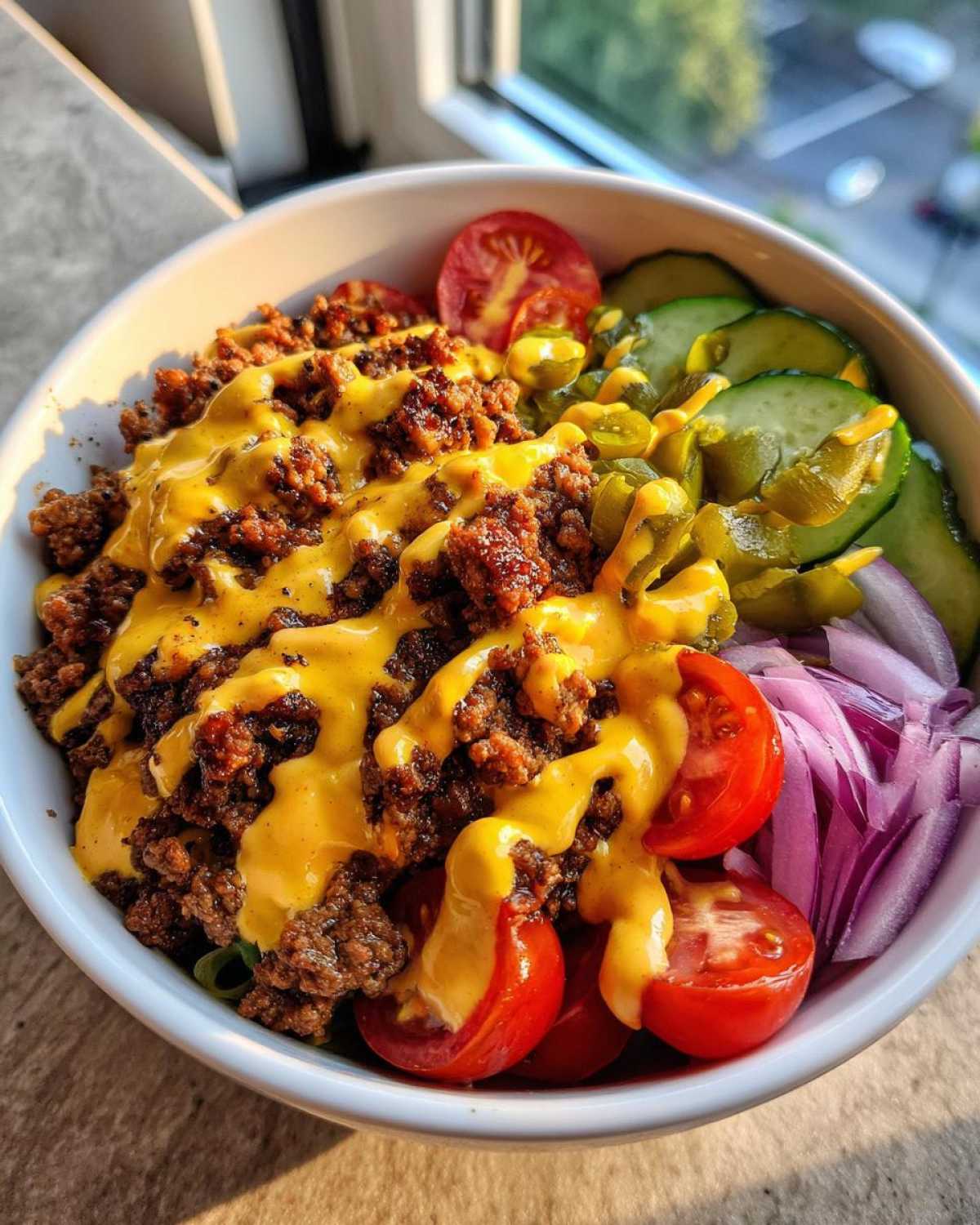 Close-up of a vibrant cheeseburger bowl featuring seasoned ground beef topped with melted cheese sauce, cherry tomatoes, pickles, and red onion.