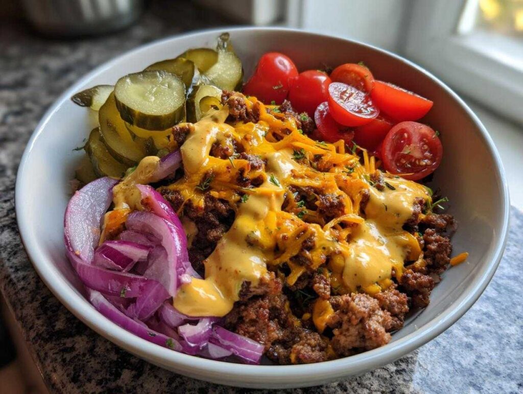 A close-up of a high-protein cheeseburger bowl featuring ground beef, melted cheese, special sauce, red onion, pickles, and cherry tomatoes.