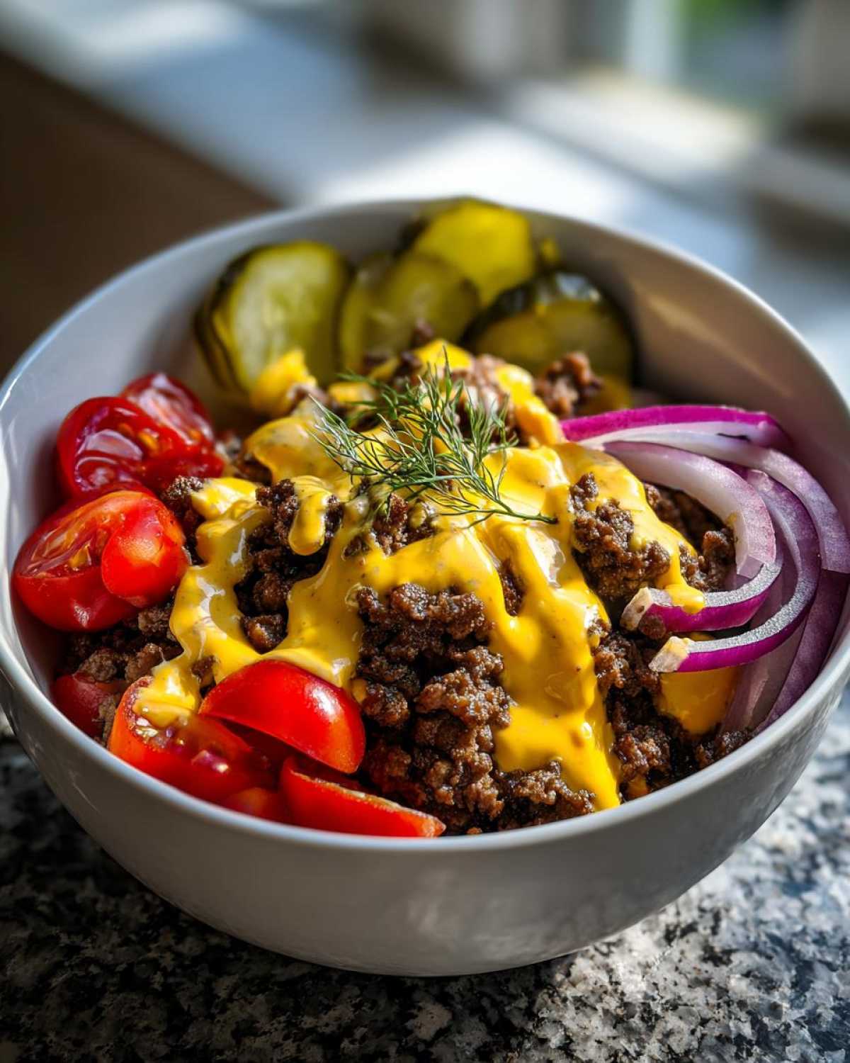 Close-up of a high-protein cheeseburger bowl featuring seasoned ground beef, bright yellow cheese sauce, cherry tomatoes, red onion, and pickles.
