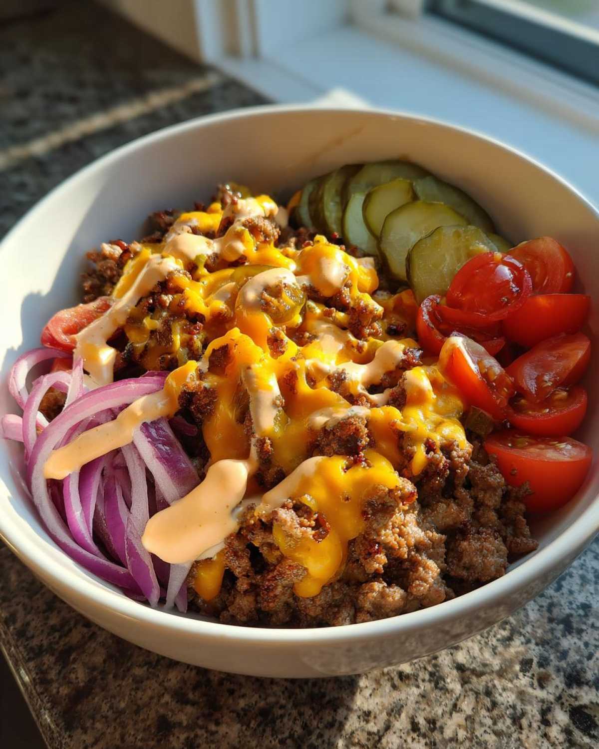 A close-up of a high-protein cheeseburger bowl featuring seasoned ground beef, melted cheddar, special sauce, red onion, pickles, and tomatoes.