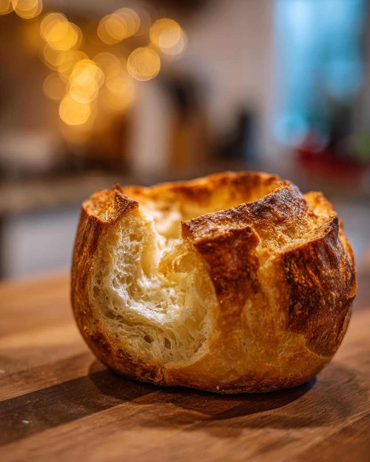 A freshly baked, hollowed-out bread bowl with a golden crust, sitting on a wooden cutting board.