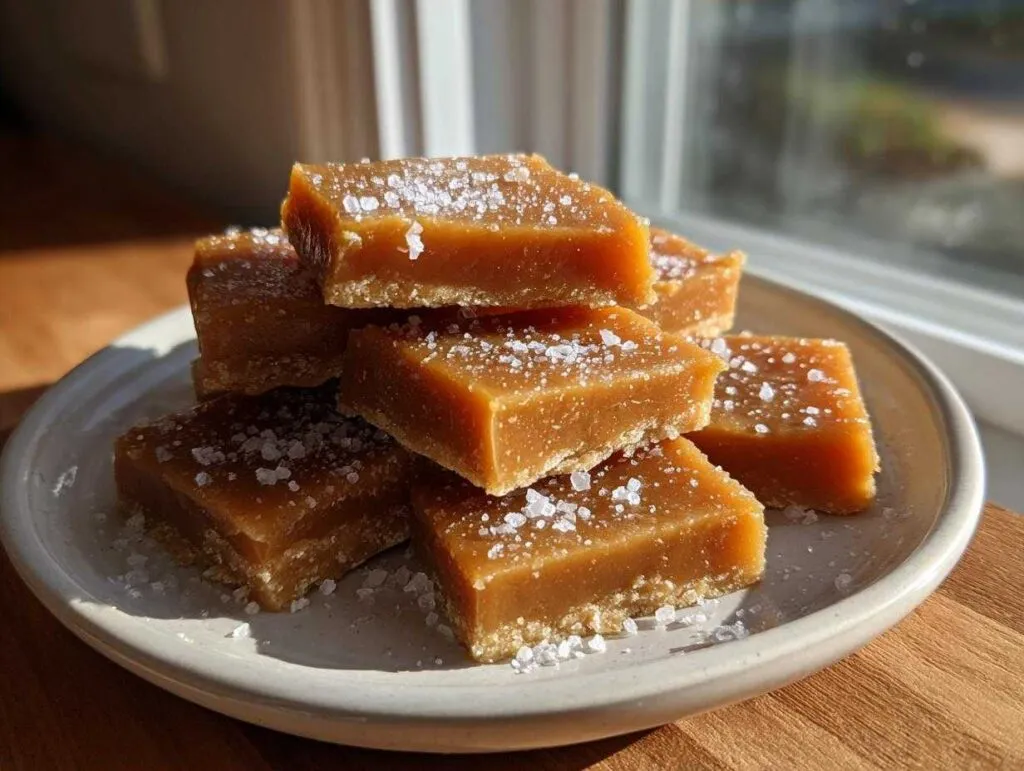 A stack of rich, chewy squares of homemade caramel, sprinkled generously with flaky sea salt.