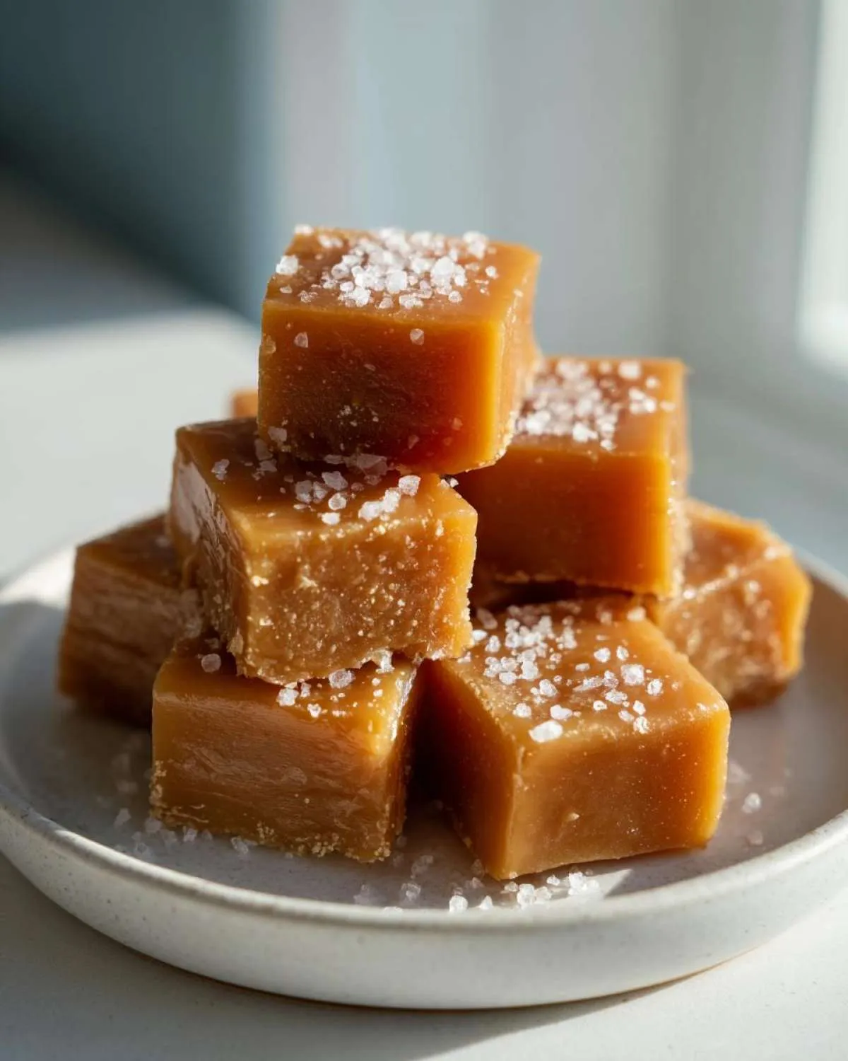A stack of rich, chewy homemade caramel squares topped with flaky sea salt.