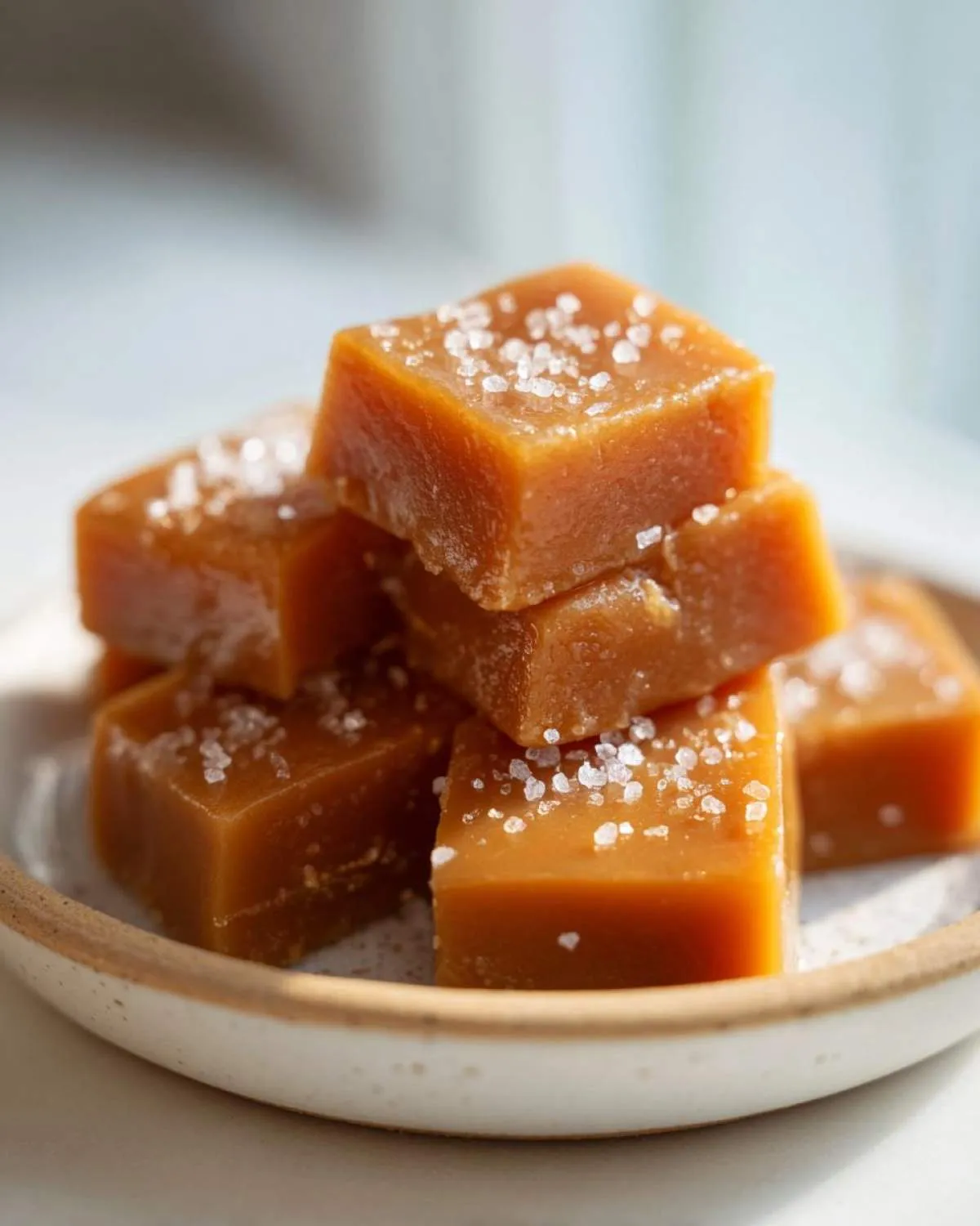 A stack of rich, amber-colored homemade caramel squares topped with flaky sea salt, sitting on a small ceramic dish.