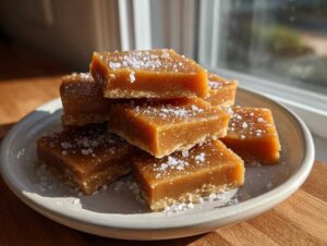 A stack of rich, chewy squares of homemade caramel, sprinkled generously with flaky sea salt.