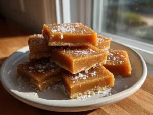 A stack of rich, chewy squares of homemade caramel, sprinkled generously with flaky sea salt.