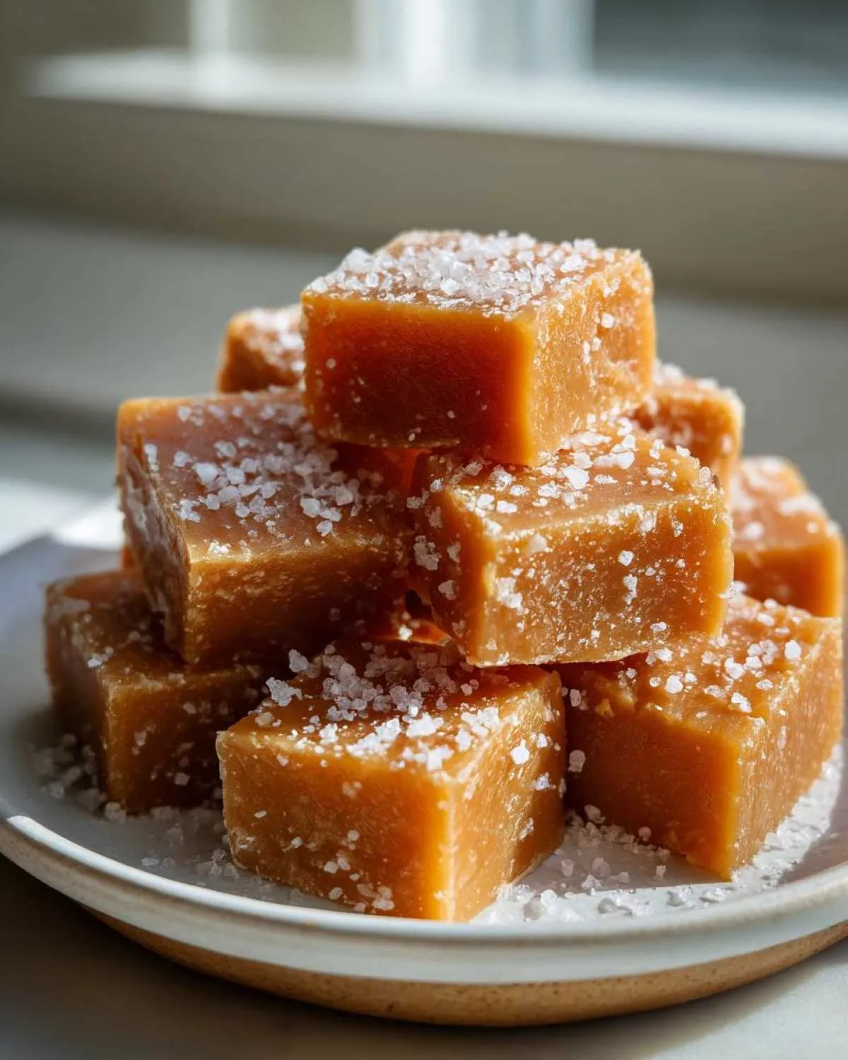 A stack of rich, chewy squares of homemade caramel topped generously with flaky sea salt.