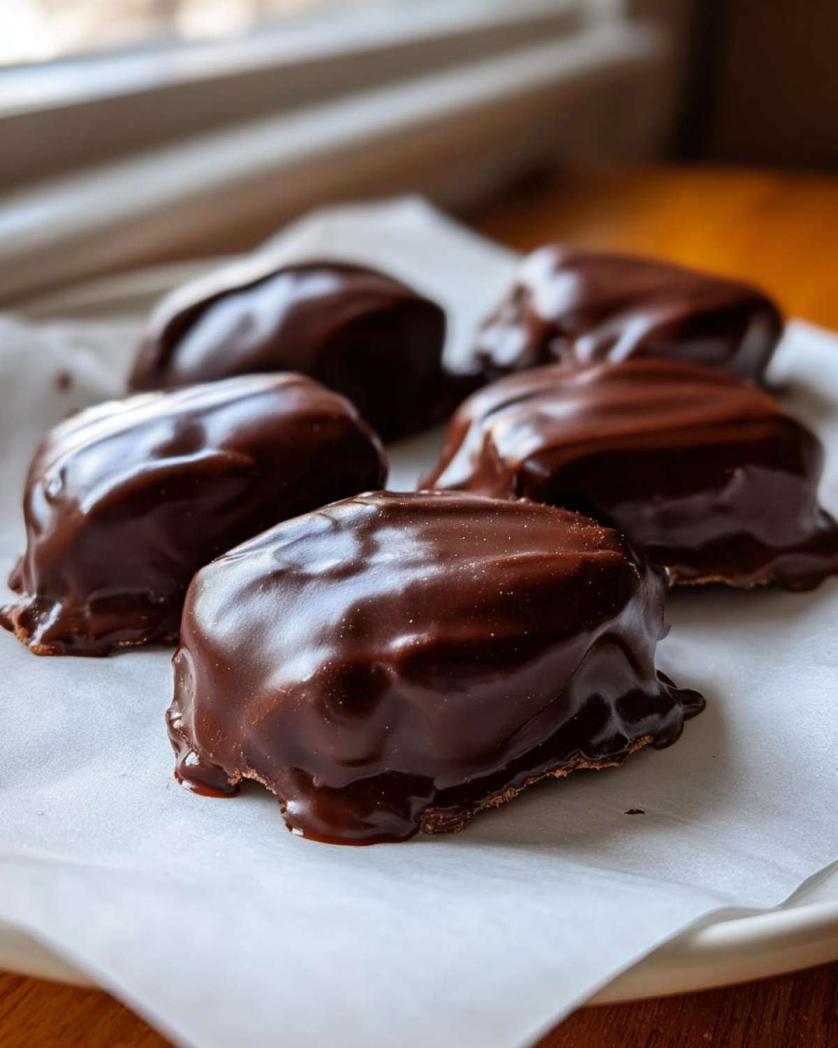 Five glossy, freshly made chocolate covered cherries resting on white parchment paper.