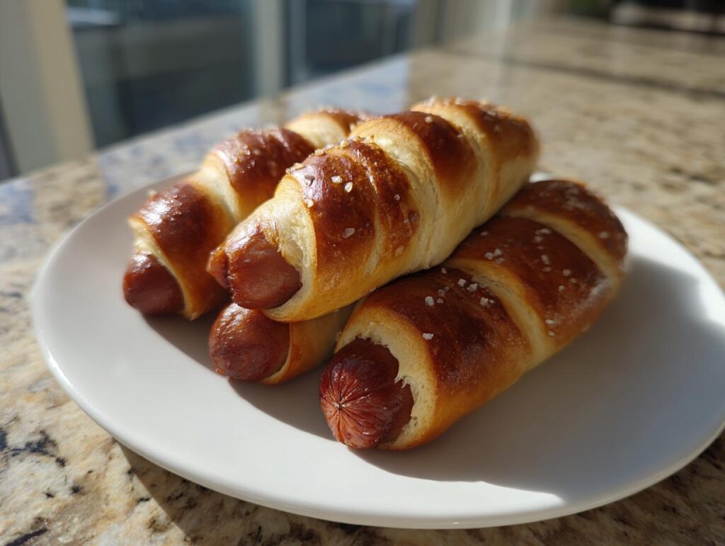 A close-up of four golden brown pretzel dogs, sprinkled with coarse salt, resting on a white plate.