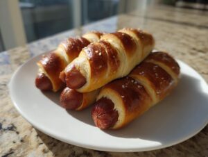 A close-up of four golden brown pretzel dogs, sprinkled with coarse salt, resting on a white plate.