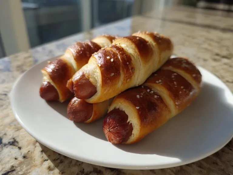 A close-up of four golden brown pretzel dogs, sprinkled with coarse salt, resting on a white plate.
