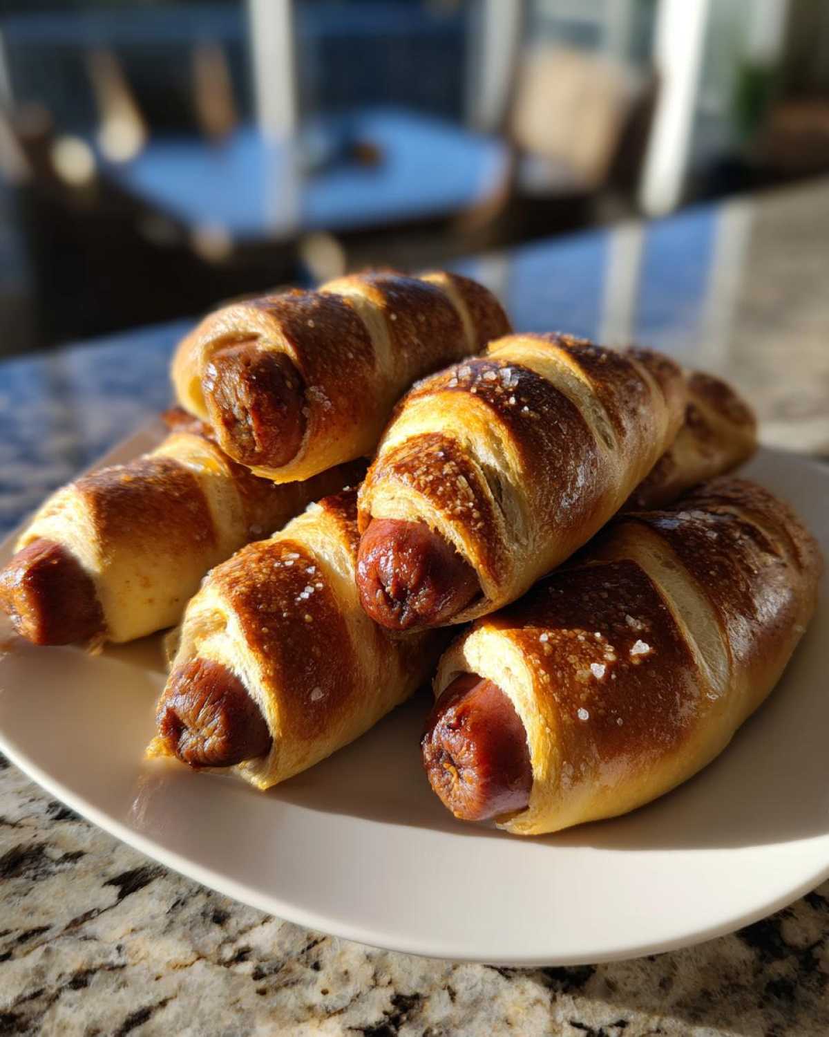 A stack of freshly baked pretzel dogs wrapped in golden brown dough and topped with coarse salt.