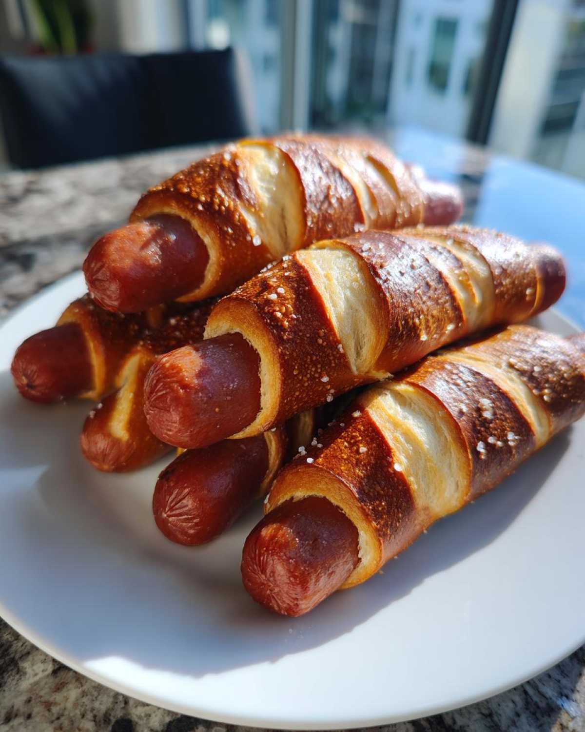 A stack of freshly baked pretzel dogs with coarse salt sprinkled on the dark brown, shiny pretzel dough.