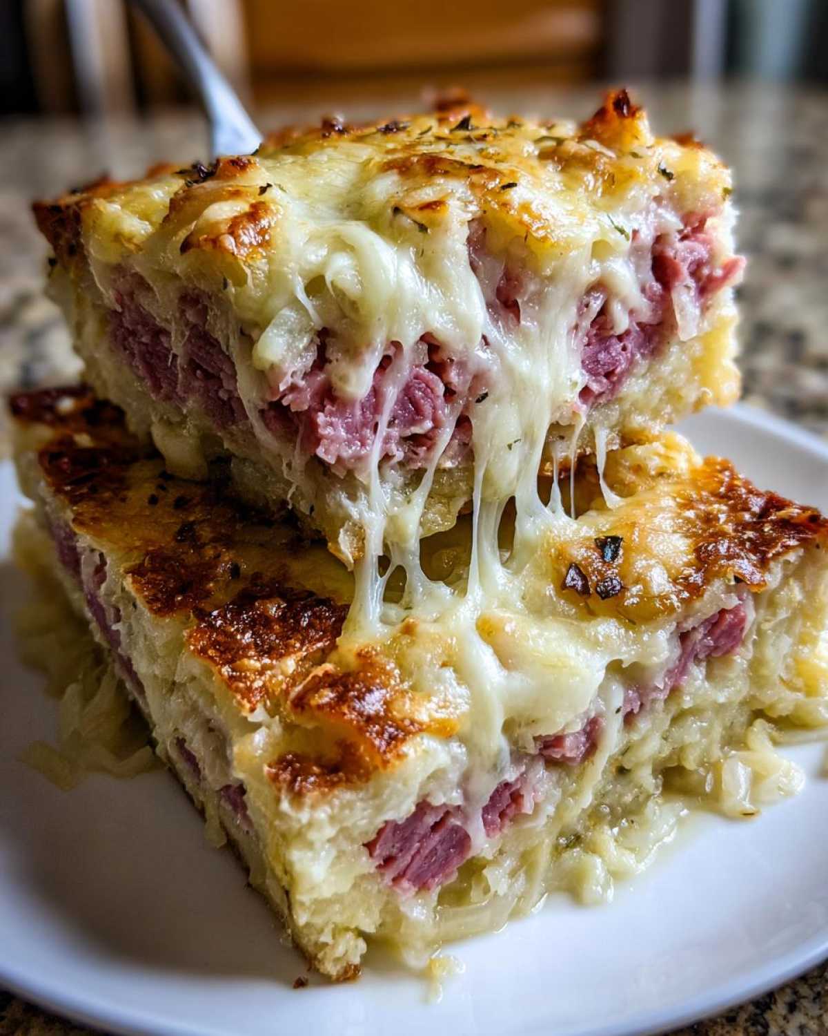 Two stacked slices of homemade Reuben bake, showing corned beef, sauerkraut, and a thick layer of melted, gooey cheese.