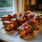 Close-up of freshly grilled, glazed honey garlic chicken skewers with zucchini and peppers on a white plate.