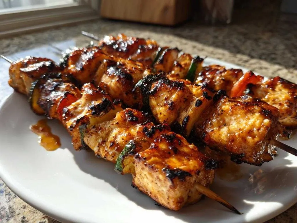 Close-up of three glazed honey garlic chicken skewers resting on a white plate, showing char marks and vegetables.