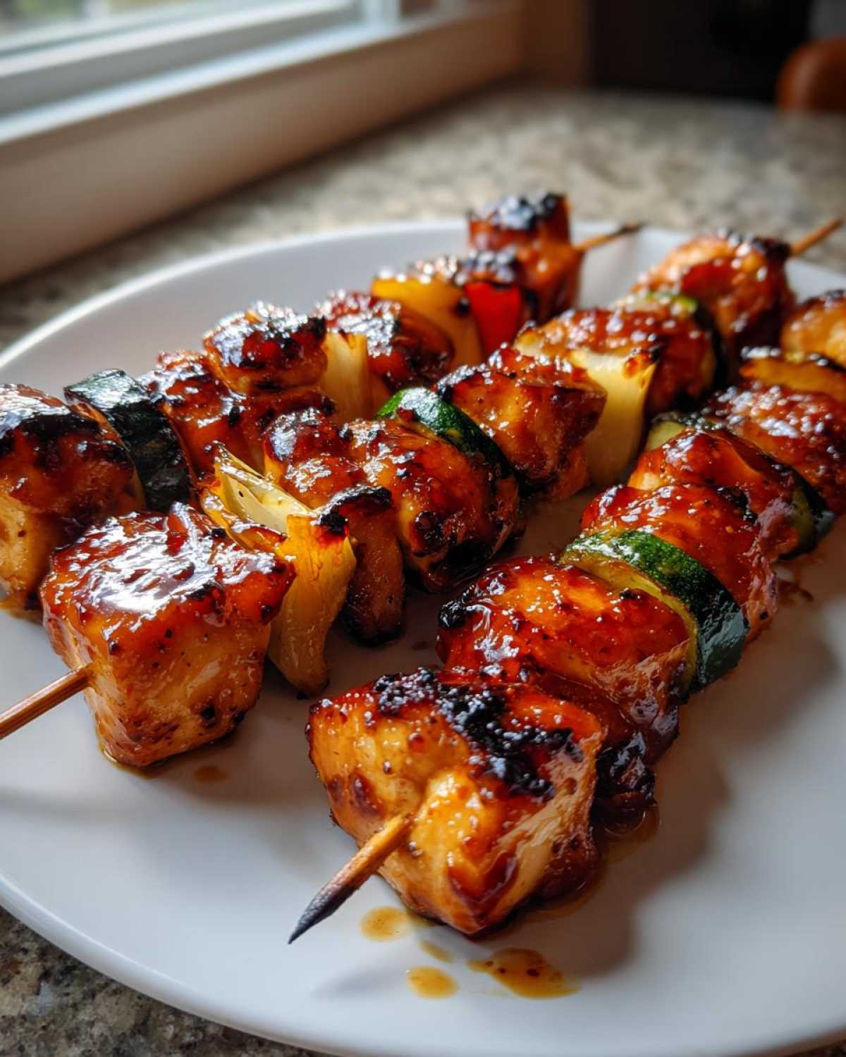 Close-up of two glistening honey garlic chicken skewers with grilled vegetables on a white plate.