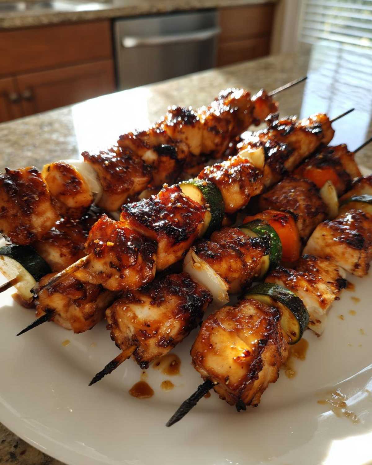 Close-up of several grilled honey garlic chicken skewers with zucchini and onion pieces, glistening with glaze.