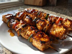 Close-up of three glazed honey garlic chicken skewers resting on a white plate, showing char marks and vegetables.
