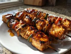 Close-up of three glazed honey garlic chicken skewers resting on a white plate, showing char marks and vegetables.