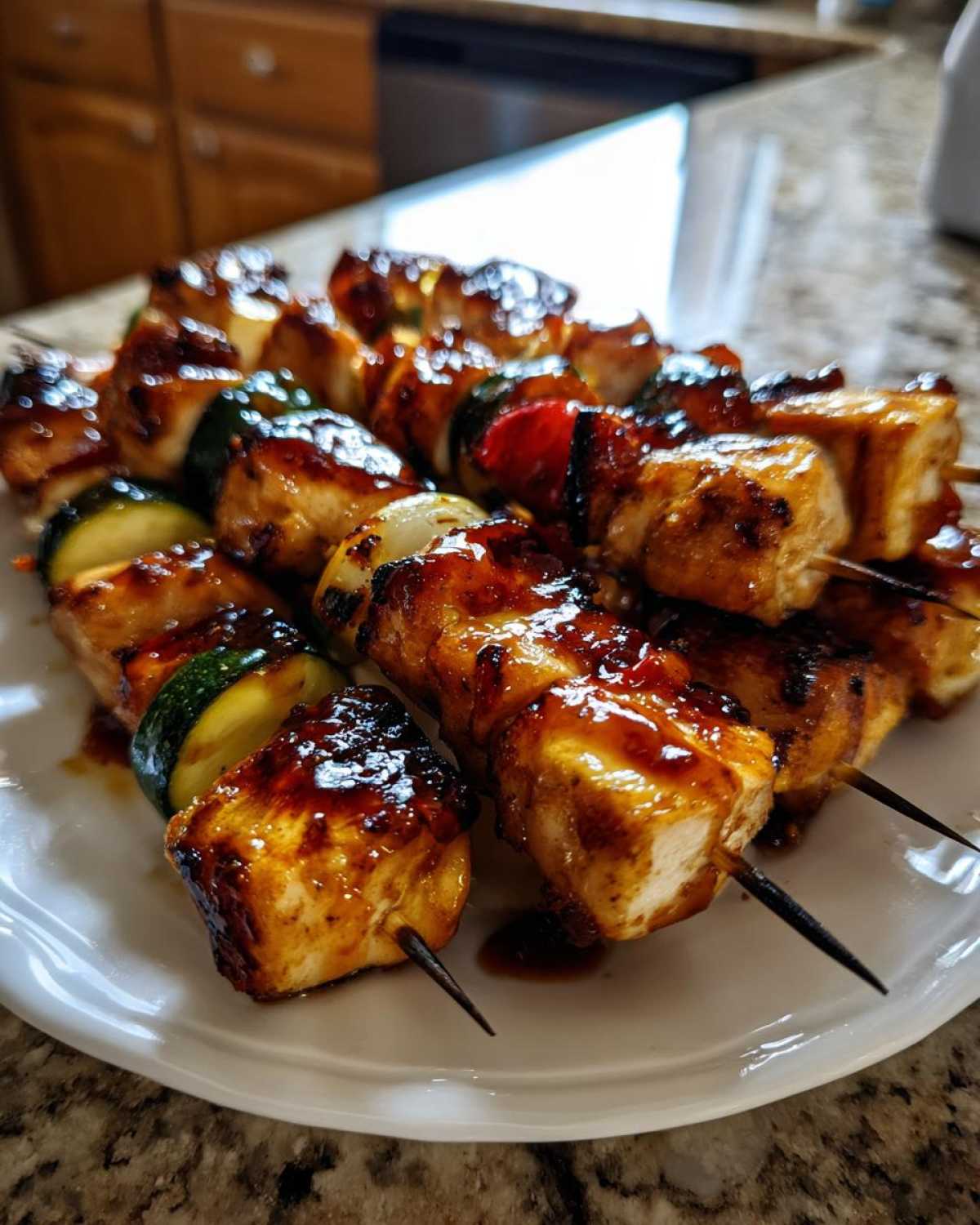 Close-up of grilled honey garlic chicken skewers with zucchini and onion pieces, glistening with a dark glaze.