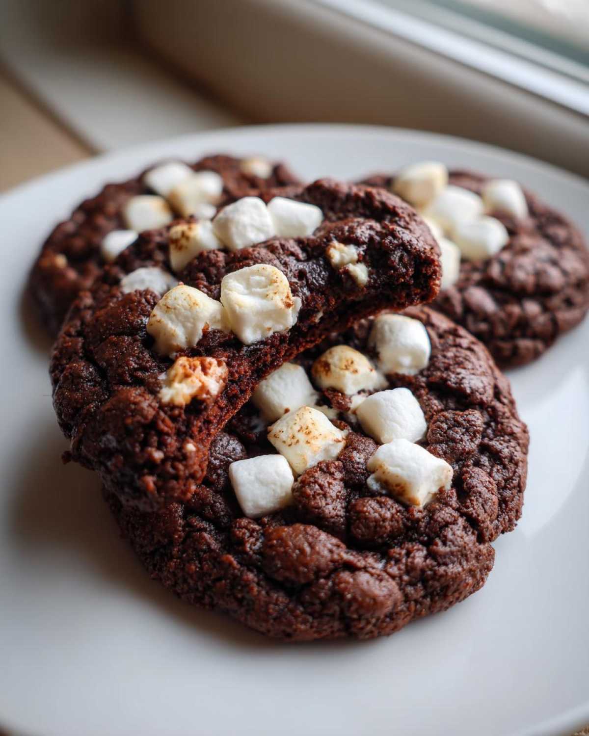 Close-up of rich, dark hot chocolate cookies topped with toasted mini marshmallows on a white plate.