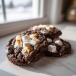 Close-up of rich, dark hot chocolate cookies topped with toasted and soft marshmallows.