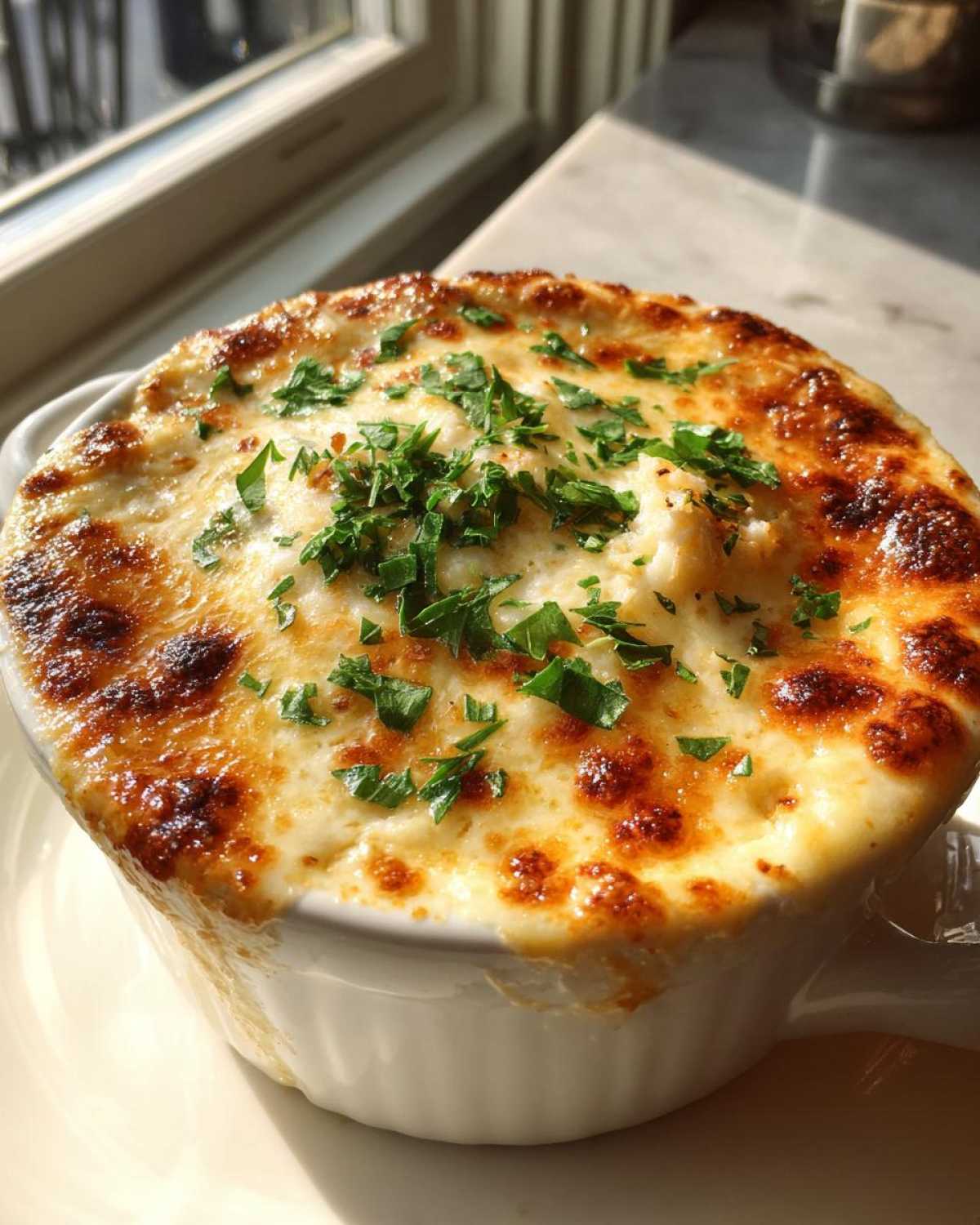 Close-up of a bubbling, cheesy hot crab dip baked until golden brown and topped with fresh parsley.
