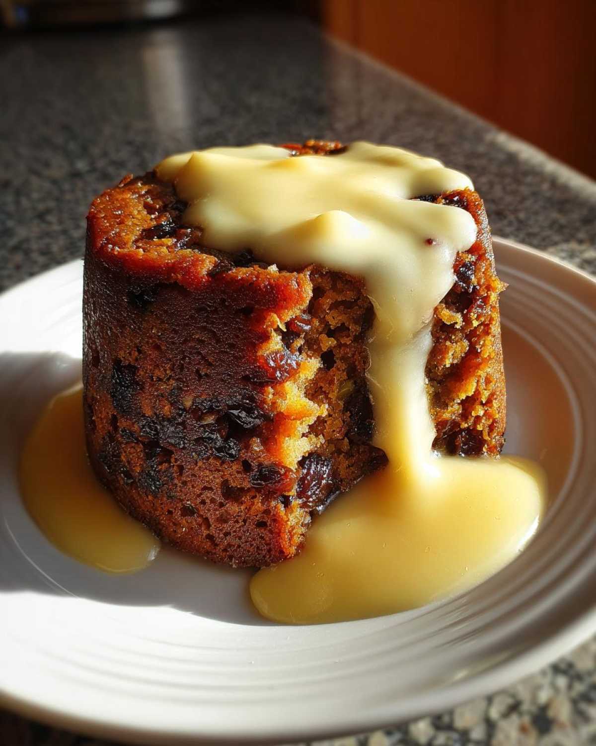 A close-up of a small, dark plum pudding with a piece taken out, generously topped with flowing vanilla custard.