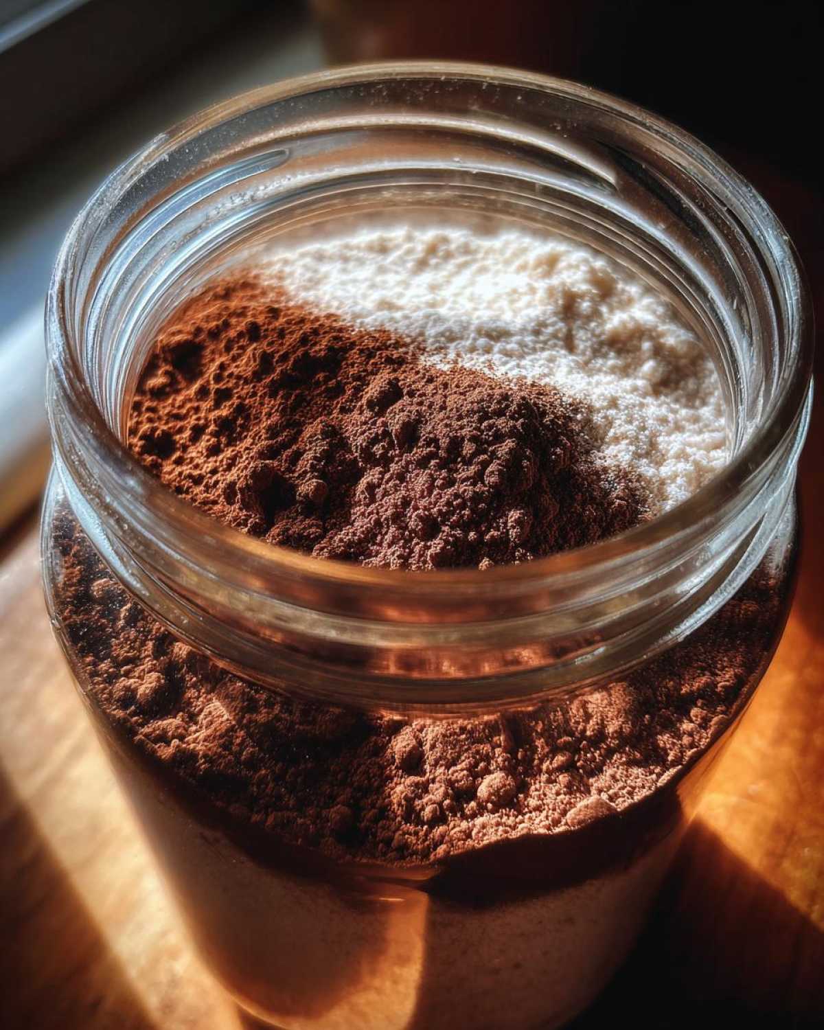 Close-up of cocoa powder and white powder separated in a glass jar for making hot cocoa mix.