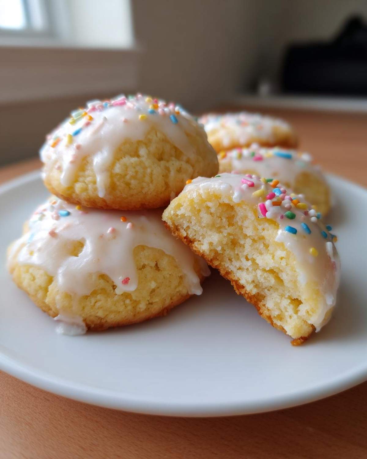 Close-up of soft Italian ricotta cookies stacked on a white plate, topped with white glaze and colorful sprinkles.