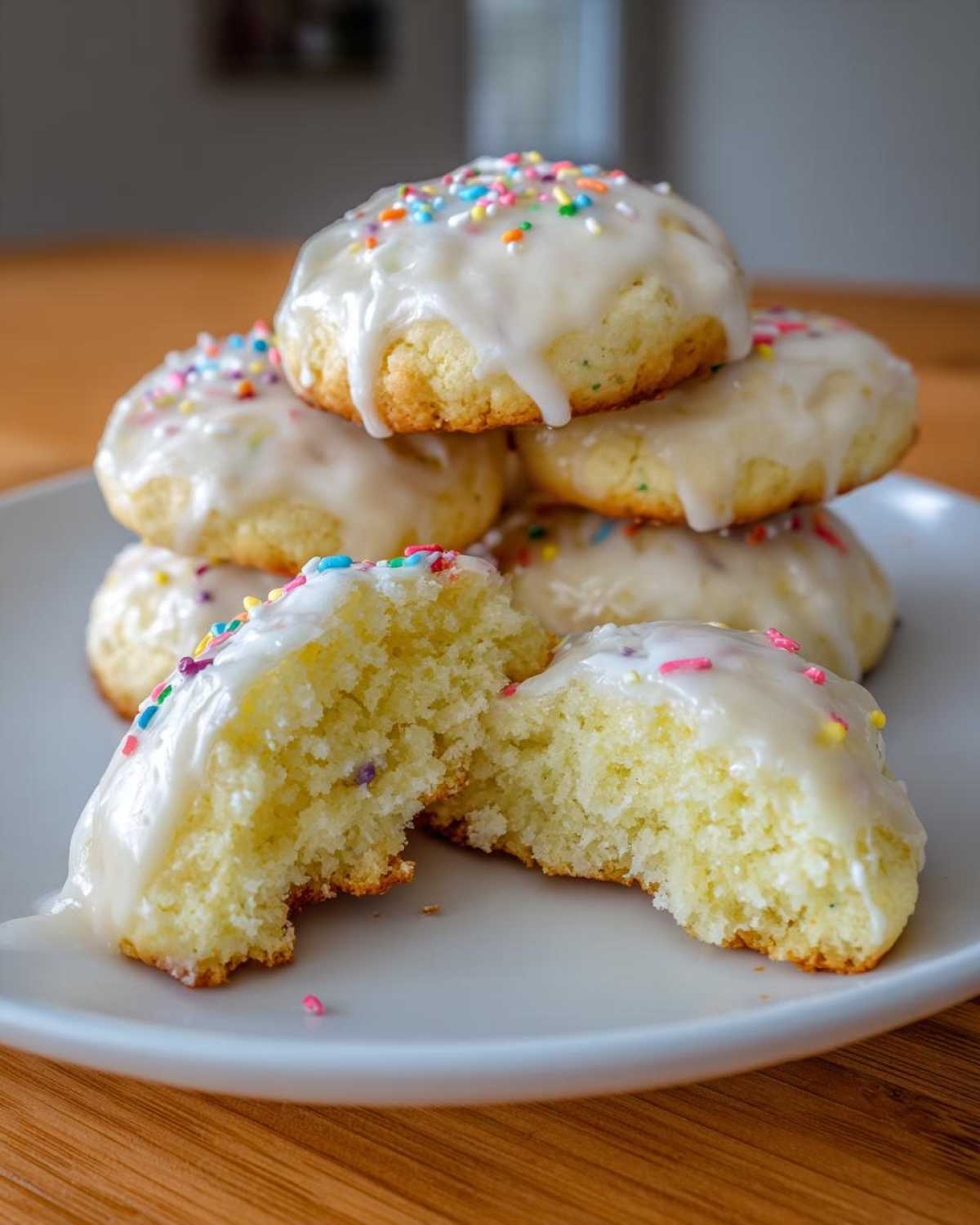 A stack of soft Italian ricotta cookies, one broken open to show the fluffy interior, topped with white glaze and rainbow sprinkles.