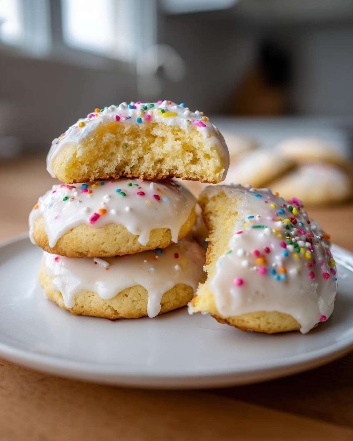 A stack of soft Italian ricotta cookies topped with white glaze and colorful sprinkles, one cookie is broken open.