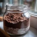 A clear glass jar filled with layered homemade hot cocoa mix, showing dark brown cocoa powder over white sugar.