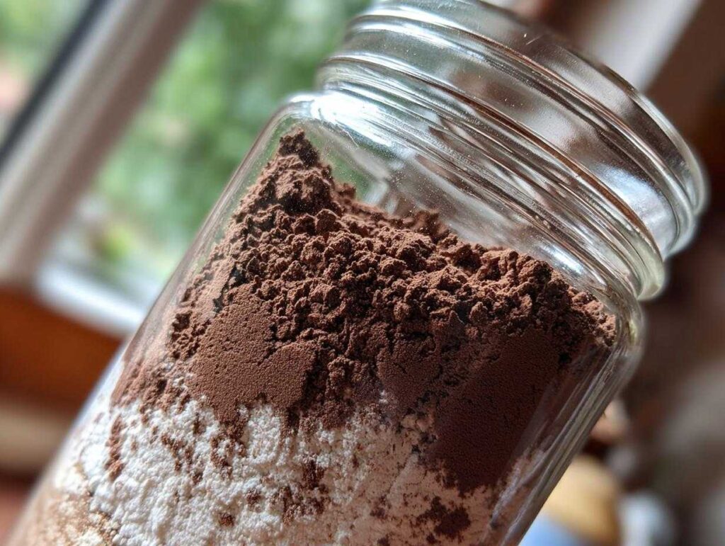 Close-up of layered dry ingredients, including cocoa powder and white powder, for homemade hot cocoa mix in a clear glass jar.