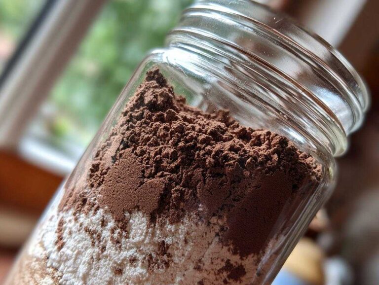 Close-up of layered dry ingredients, including cocoa powder and white powder, for homemade hot cocoa mix in a clear glass jar.