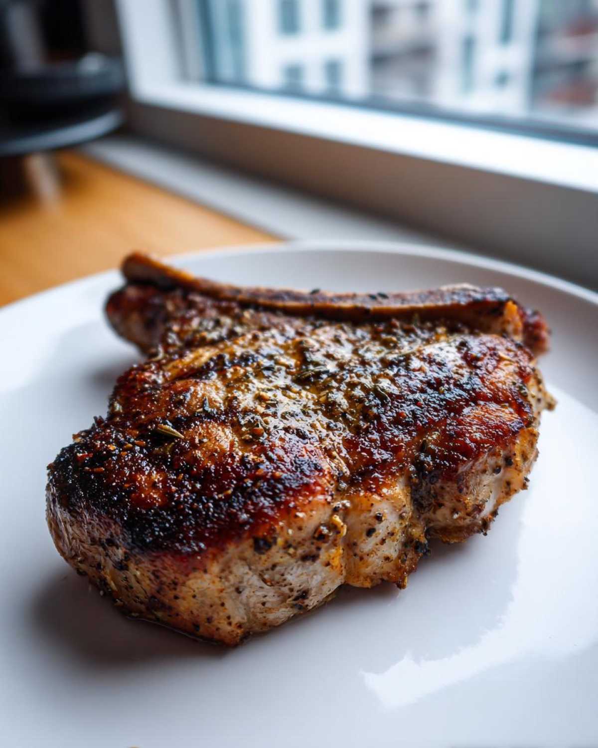 Close-up of a perfectly seared, seasoned air fryer pork chop resting on a white plate.