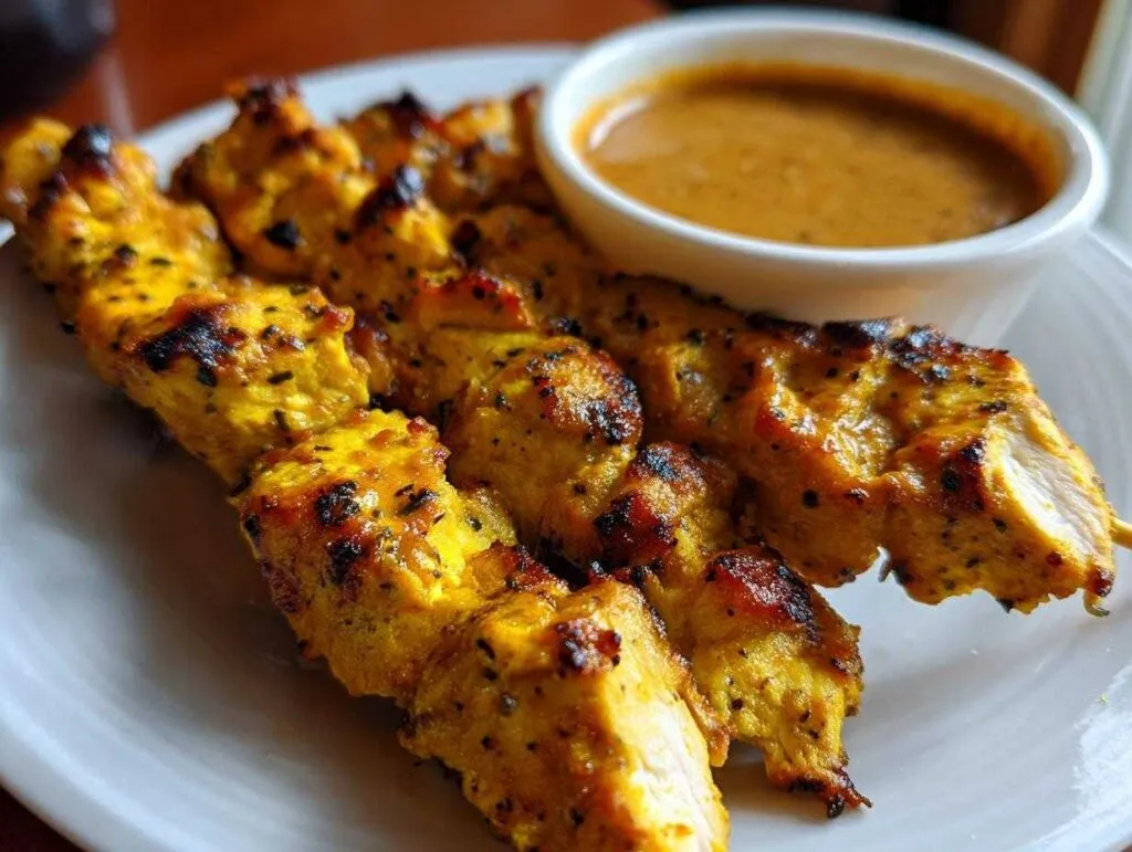 Close-up of perfectly grilled, yellow-marinated chicken satay skewers served with a side of creamy peanut dipping sauce.