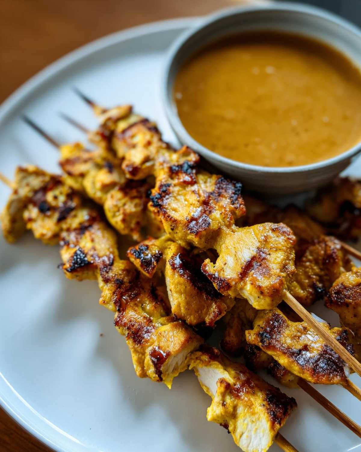 Close-up of perfectly grilled, golden chicken satay skewers served with a side of creamy peanut dipping sauce.