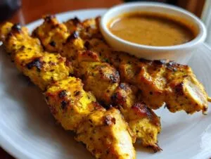 Close-up of perfectly grilled, yellow-marinated chicken satay skewers served with a side of creamy peanut dipping sauce.