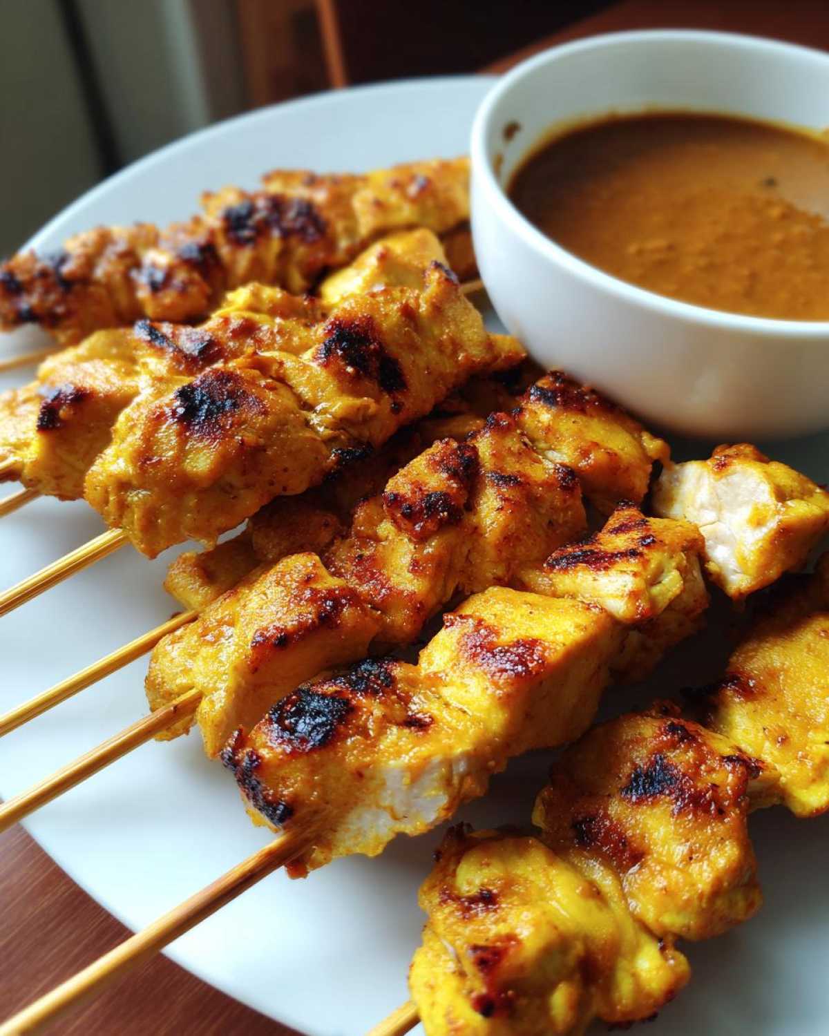 Close-up of perfectly grilled chicken satay skewers served on a white plate next to a bowl of peanut sauce.