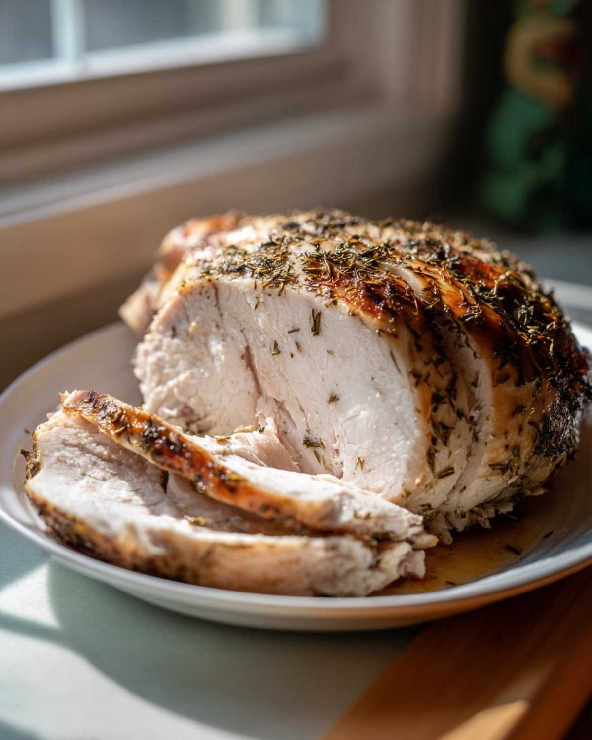 A partially sliced, herb-crusted slow cooker turkey breast resting on a white plate with juices.