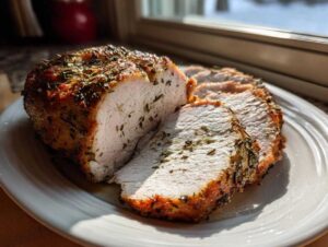 A juicy slow cooker turkey breast, partially sliced, showing moist white meat and an herb-crusted exterior.