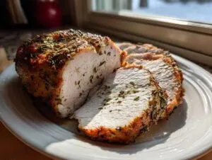 A juicy slow cooker turkey breast, partially sliced, showing moist white meat and an herb-crusted exterior.