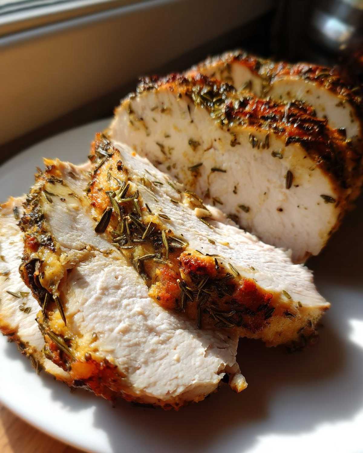 Slices of juicy slow cooker turkey breast, showing moist white meat and a flavorful herb crust.