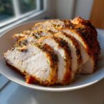 Close-up of perfectly sliced, juicy slow cooker turkey breast seasoned with herbs, sitting on a white plate.