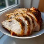 Close-up of perfectly sliced, juicy slow cooker turkey breast seasoned with herbs, sitting on a white plate.
