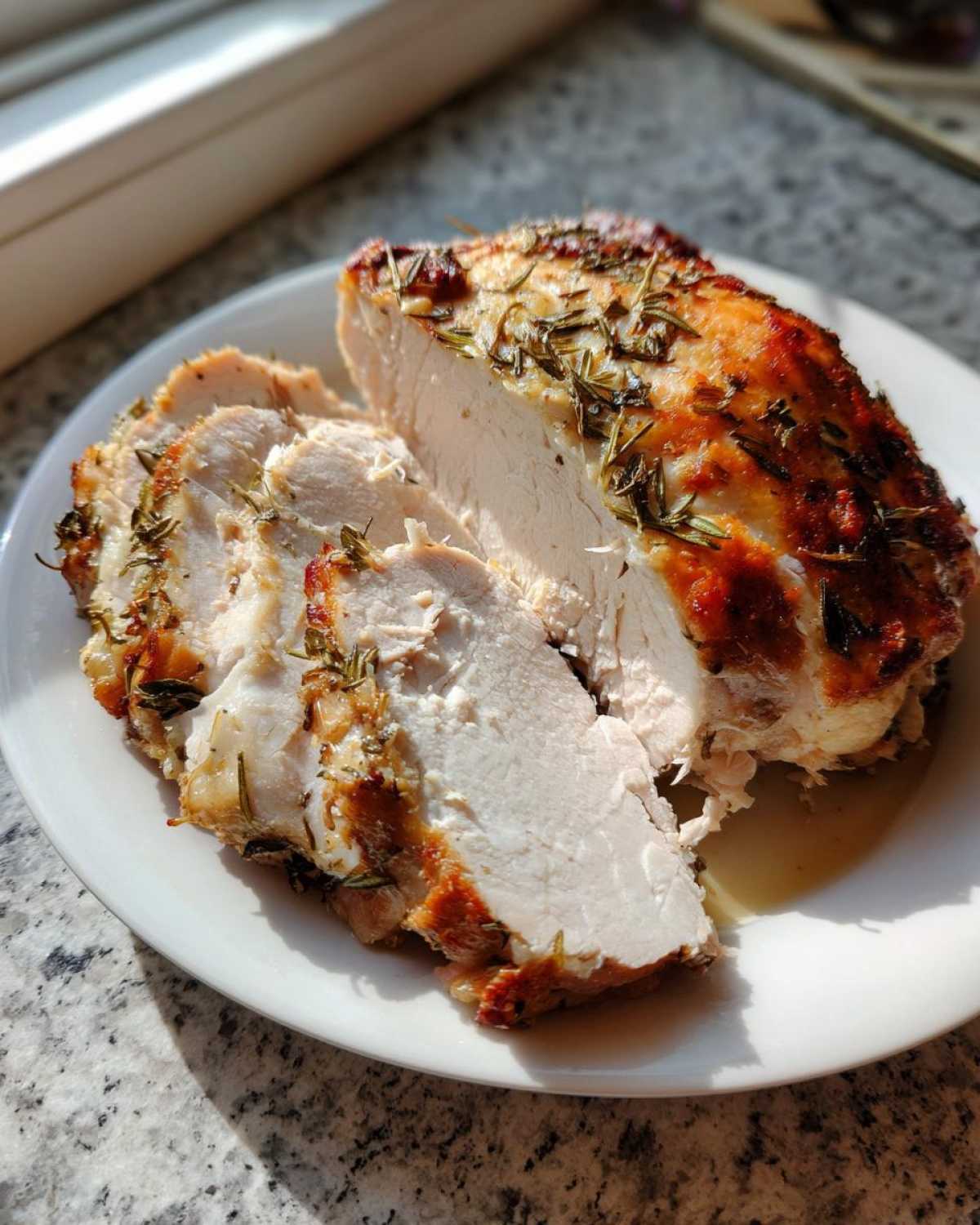 A partially sliced, juicy slow cooker turkey breast seasoned with herbs, resting on a white plate.