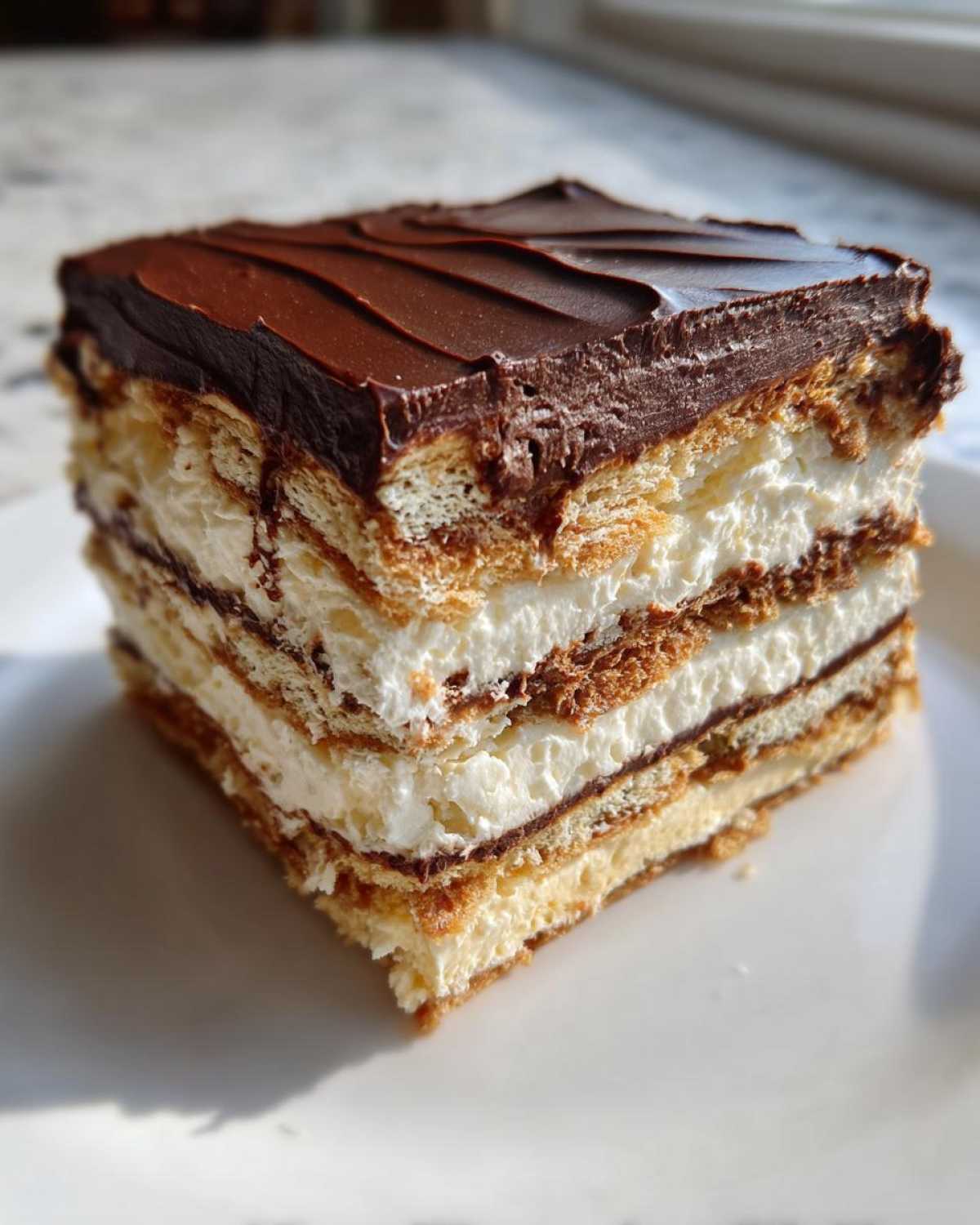 Close-up of a square slice of chocolate eclair cake showing multiple layers of cream filling and graham crackers, topped with rich chocolate frosting.