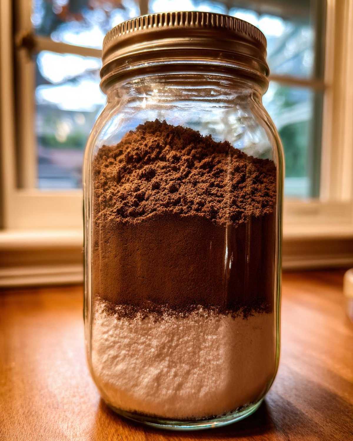 Close-up of a glass jar filled with layered homemade hot cocoa mix ingredients, showing white powder below dark cocoa powder.
